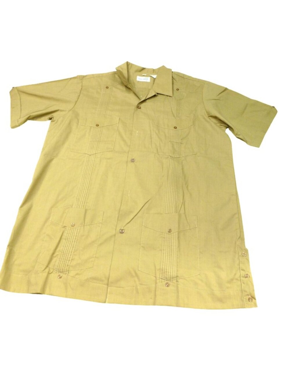 Mens XL Tan Guayabera 4 Pocket Shirt With Pintuck Details Short Sleeves Button-D